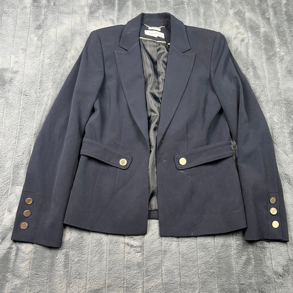 Calvin Klein Womens Navy Blue Stretch Blazer Gold Button Jacket Size 6 RN 54163